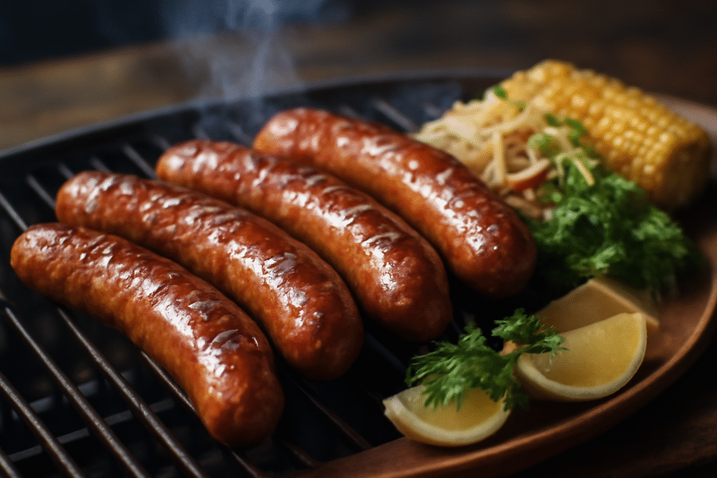 Smoked Andouille sausages grilling on a barbecue with lemon, parsley, and corn on the cob